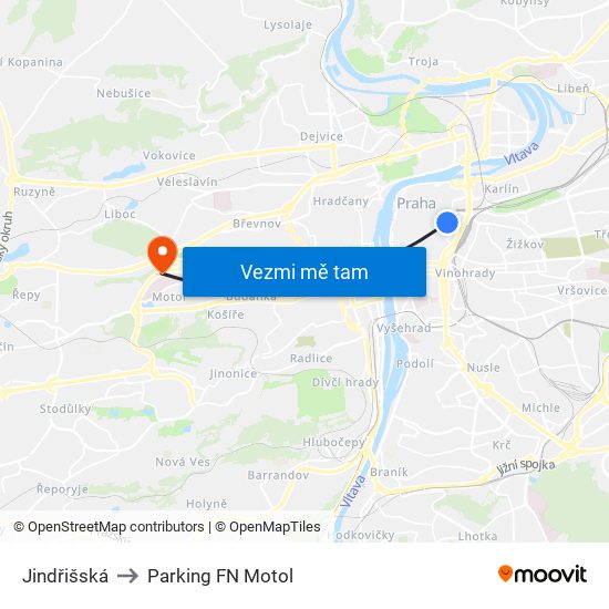 Jindřišská to Parking FN Motol map