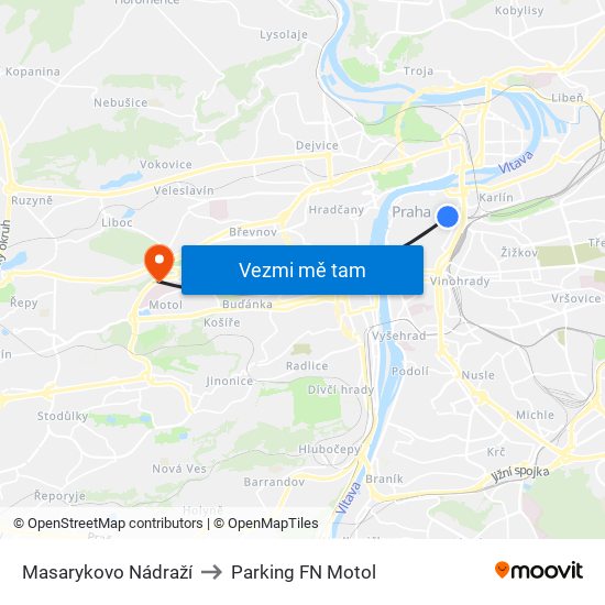 Masarykovo Nádraží to Parking FN Motol map