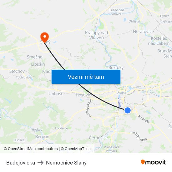 Budějovická to Nemocnice Slaný map