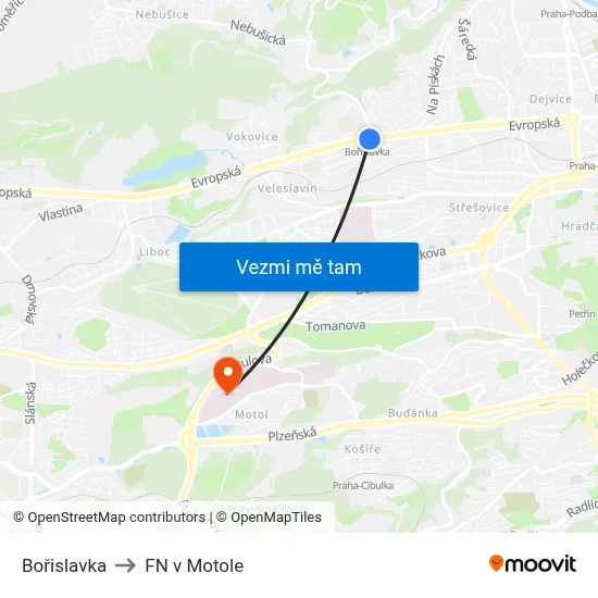 Bořislavka to FN v Motole map