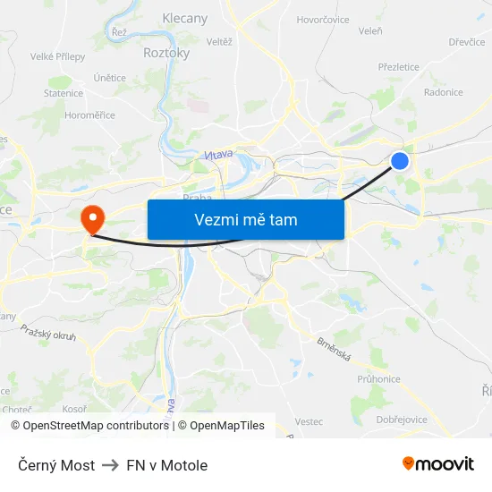 Černý Most to FN v Motole map