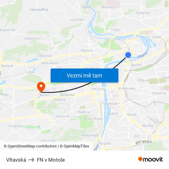 Vltavská to FN v Motole map