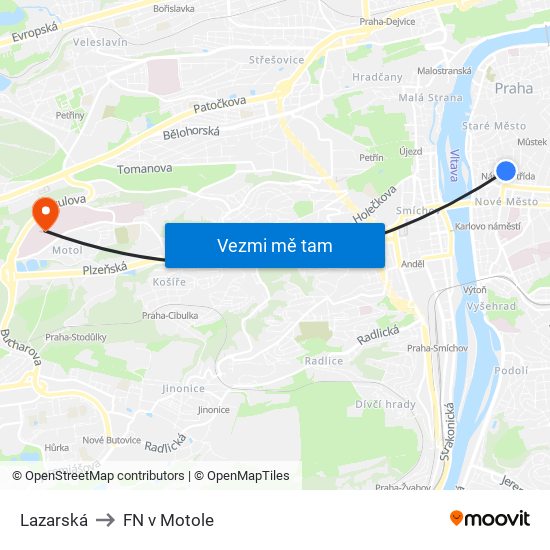 Lazarská to FN v Motole map