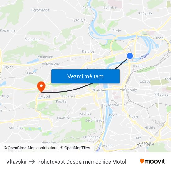 Vltavská to Pohotovost Dospělí nemocnice Motol map