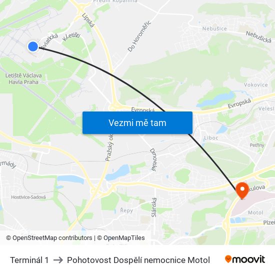 Terminál 1 to Pohotovost Dospělí nemocnice Motol map