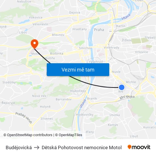 Budějovická to Dětská Pohotovost nemocnice Motol map