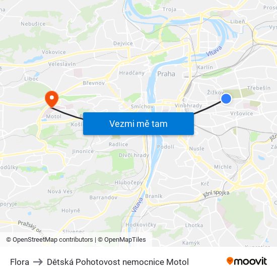 Flora to Dětská Pohotovost nemocnice Motol map