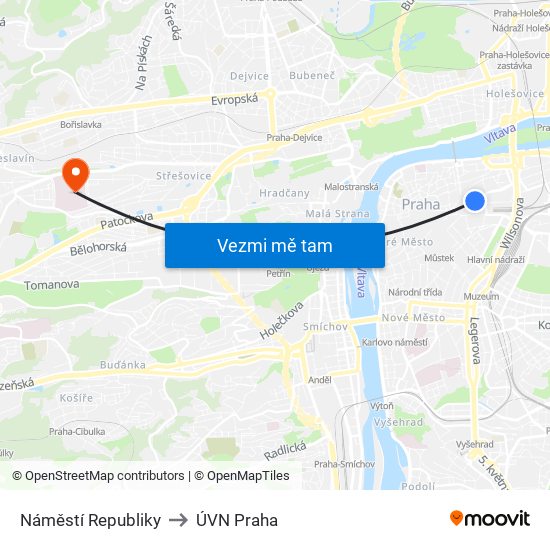 Náměstí Republiky to ÚVN Praha map