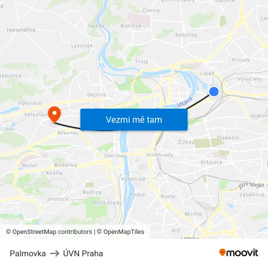 Palmovka to ÚVN Praha map