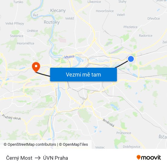 Černý Most to ÚVN Praha map