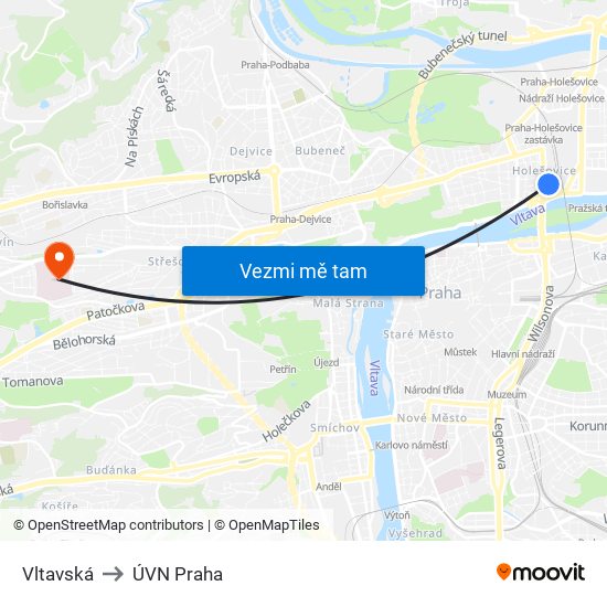 Vltavská (A) to ÚVN Praha map