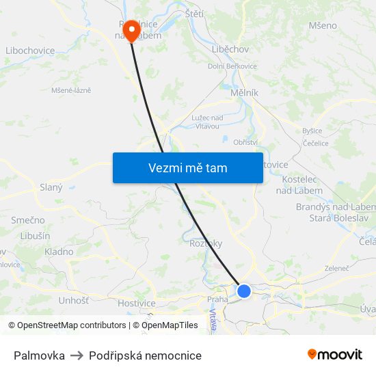 Palmovka to Podřipská nemocnice map