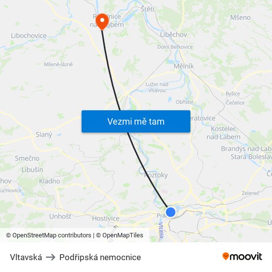 Vltavská to Podřipská nemocnice map