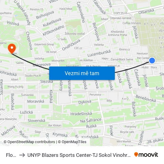 Flora to UNYP Blazers Sports Center-TJ Sokol Vinohrady map