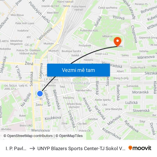 I. P. Pavlova to UNYP Blazers Sports Center-TJ Sokol Vinohrady map