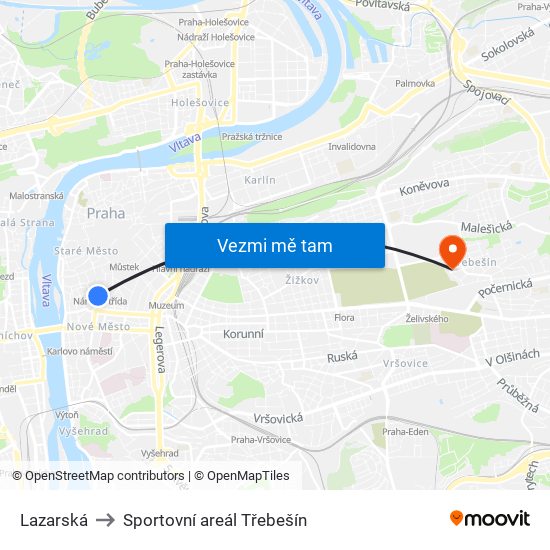 Lazarská to Sportovní areál Třebešín map