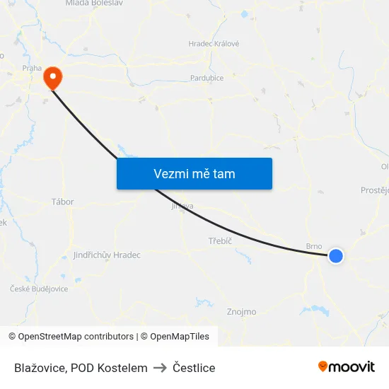 Blažovice, POD Kostelem to Čestlice map