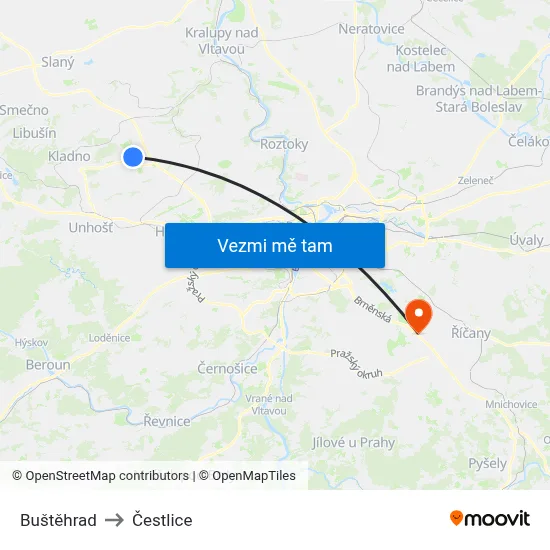 Buštěhrad to Čestlice map