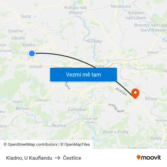 Kladno, U Kauflandu to Čestlice map