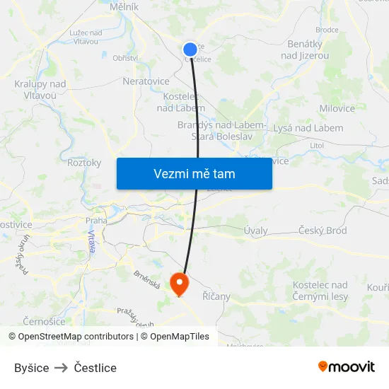 Byšice to Čestlice map