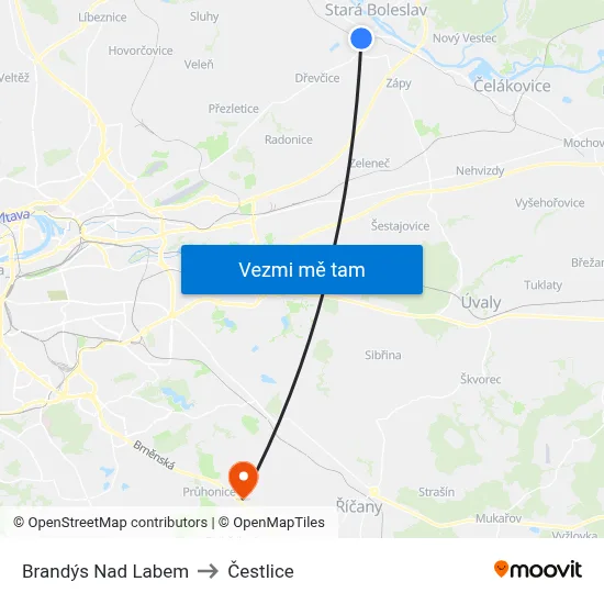 Brandýs Nad Labem to Čestlice map
