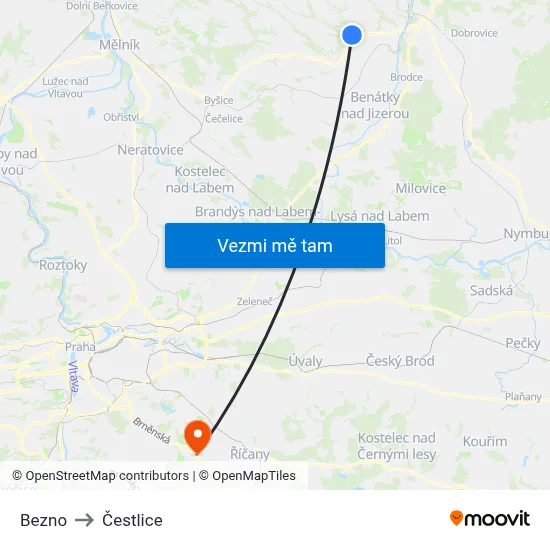 Bezno to Čestlice map