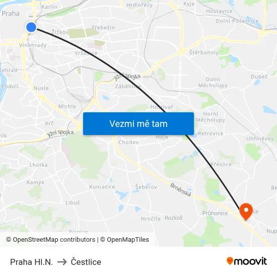 Praha Hl.N. to Čestlice map