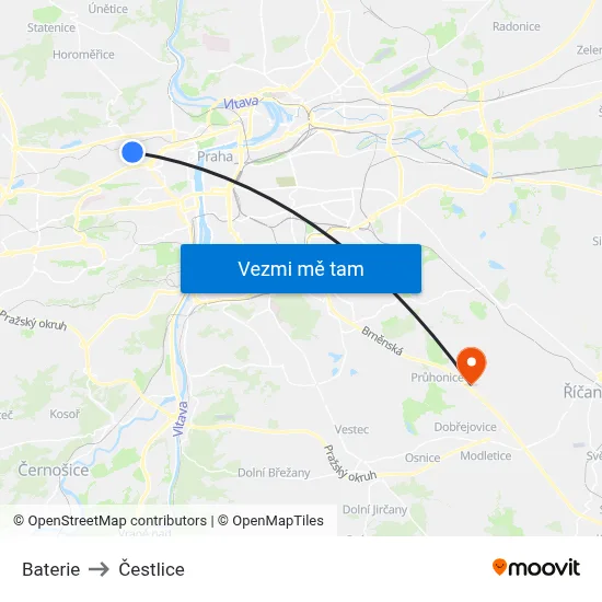 Baterie to Čestlice map
