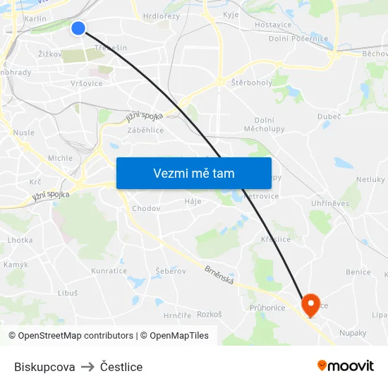 Biskupcova to Čestlice map