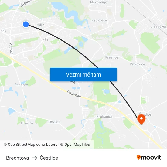 Brechtova to Čestlice map
