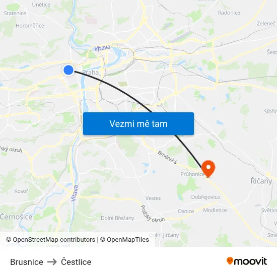 Brusnice to Čestlice map