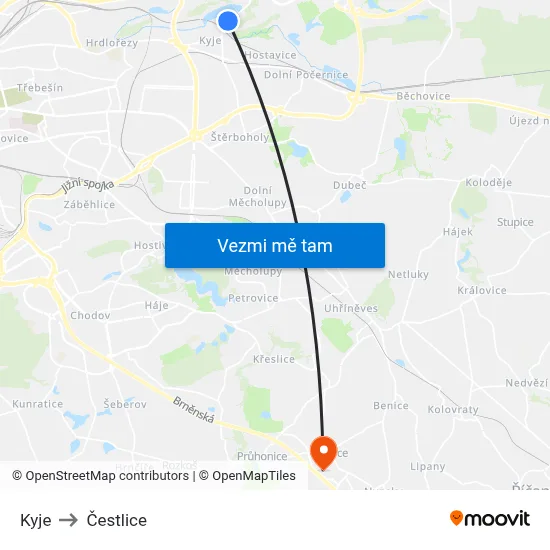 Kyje to Čestlice map