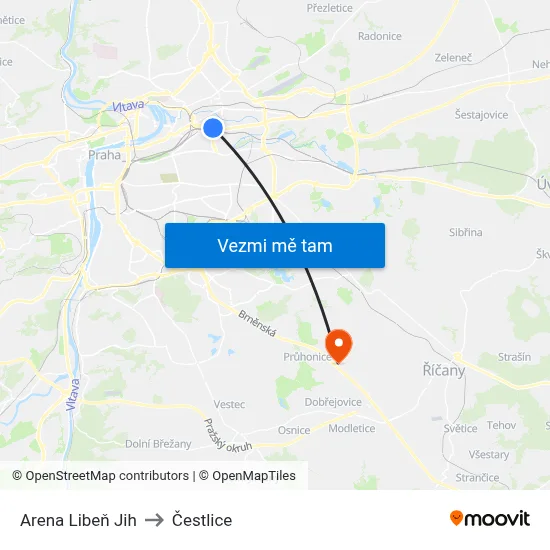 Arena Libeň Jih to Čestlice map
