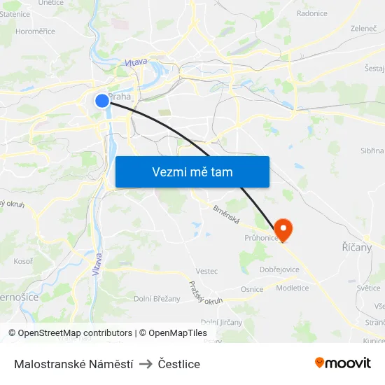 Malostranské Náměstí to Čestlice map
