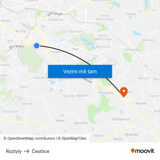 Roztyly to Čestlice map