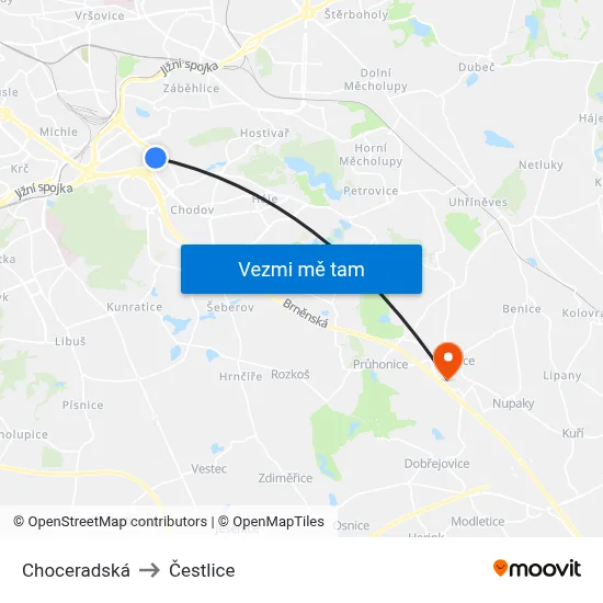 Choceradská to Čestlice map
