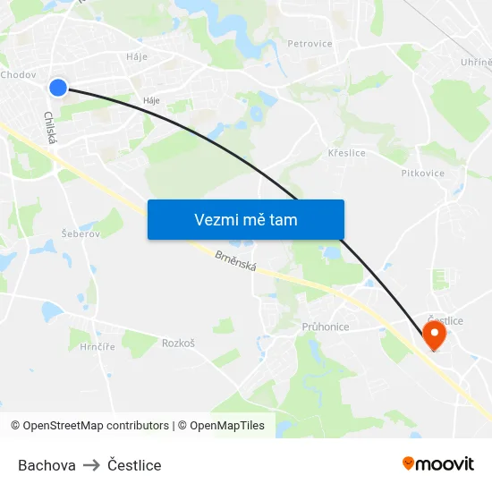 Bachova to Čestlice map