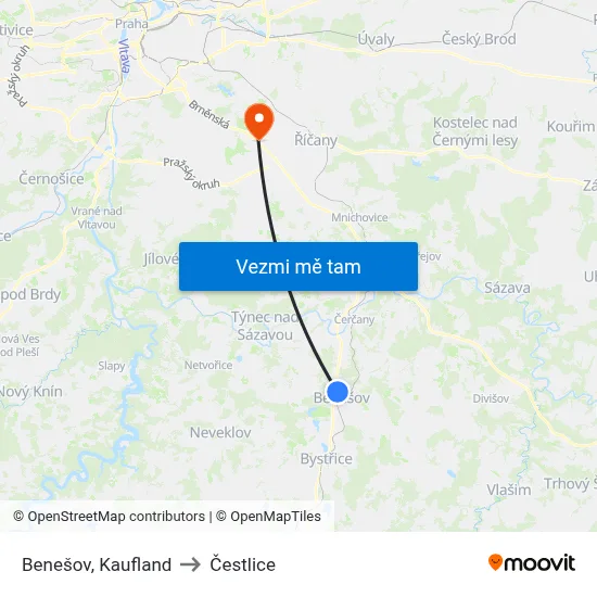 Benešov, Kaufland to Čestlice map