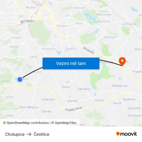 Cholupice to Čestlice map