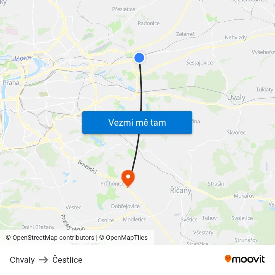 Chvaly to Čestlice map