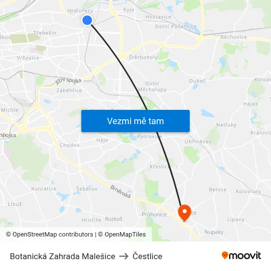 Botanická Zahrada Malešice to Čestlice map