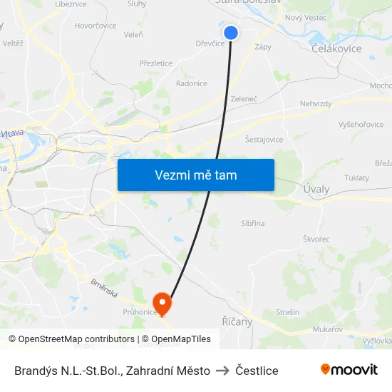 Brandýs N.L.-St.Bol., Zahradní Město to Čestlice map