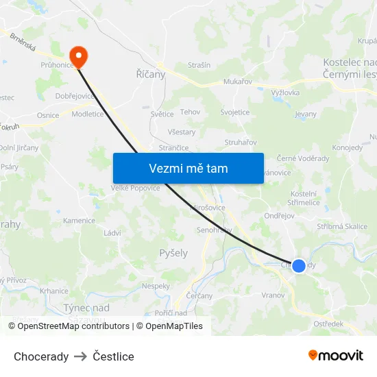 Chocerady to Čestlice map