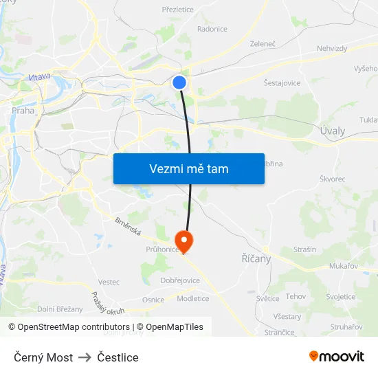 Černý Most to Čestlice map