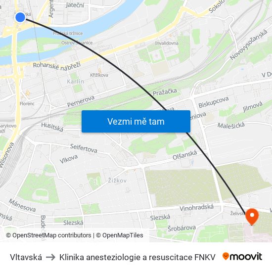 Vltavská to Klinika anesteziologie a resuscitace FNKV map