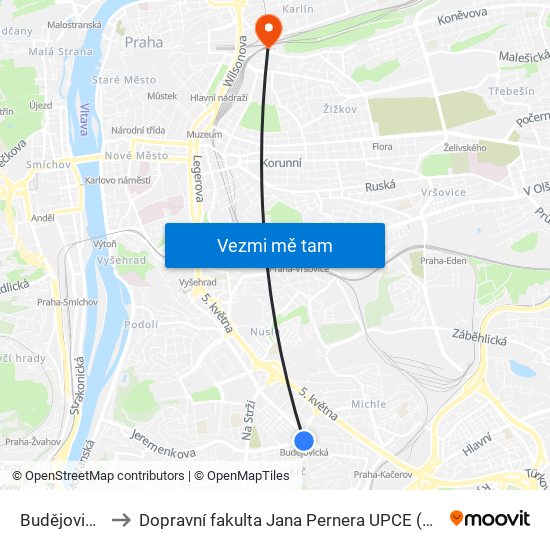Budějovická to Dopravní fakulta Jana Pernera UPCE (Praha) map