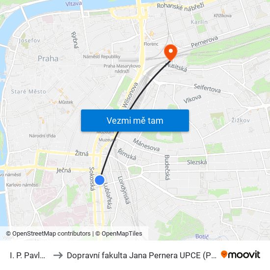 I. P. Pavlova to Dopravní fakulta Jana Pernera UPCE (Praha) map