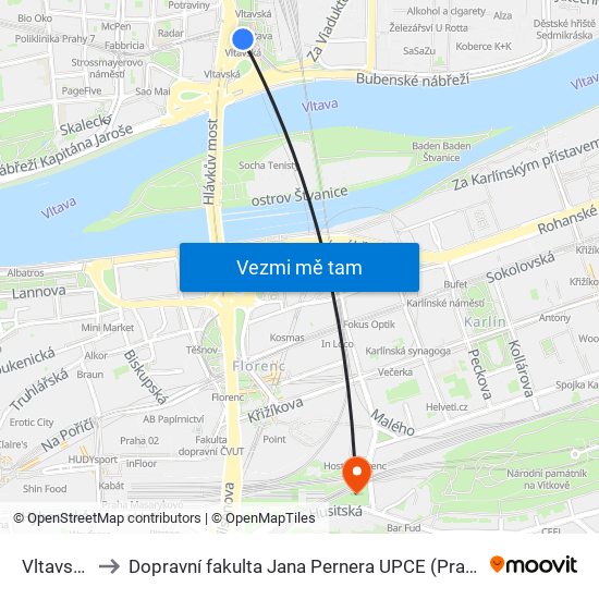 Vltavská to Dopravní fakulta Jana Pernera UPCE (Praha) map