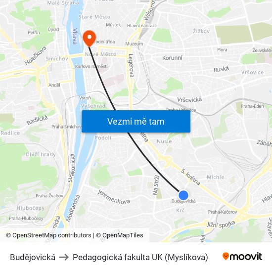 Budějovická to Pedagogická fakulta UK (Myslíkova) map