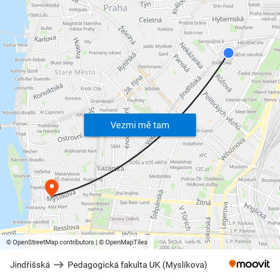 Jindřišská to Pedagogická fakulta UK (Myslíkova) map